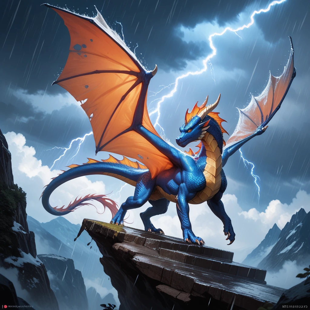  (A storm dragon with 2 wings standing on a high rocky ledge ), solo, lightning, clouds, rain, BREAK, mystical creature, realistic, ultra detailed, dynamic pose, moonlit night, detailed snowy mountain background