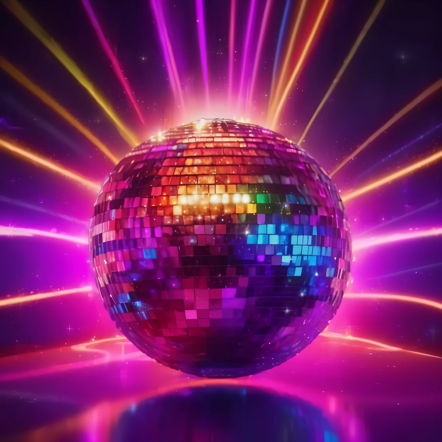 a disco ball with colorful lights and a reflection on the floor, disco party, disco lighting, disco ball in background, disco light, disco ball, disco lights, disco balls, disco diffusion, disco, lights, dance club rave, led effects, nightclub dancing inspired, nightclub background, disco smile, psychedelic lighting, neon lights in background
