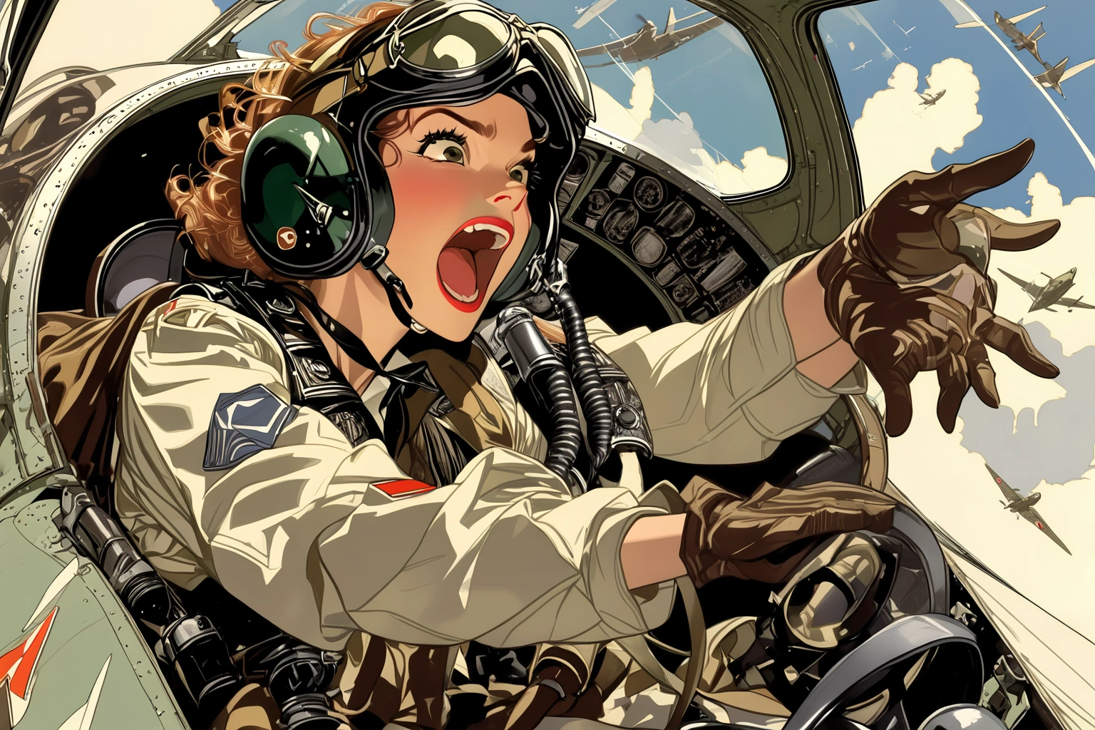 Female pilot, screaming, inside cockpit, ww2, art by J.C. Leyendecker
