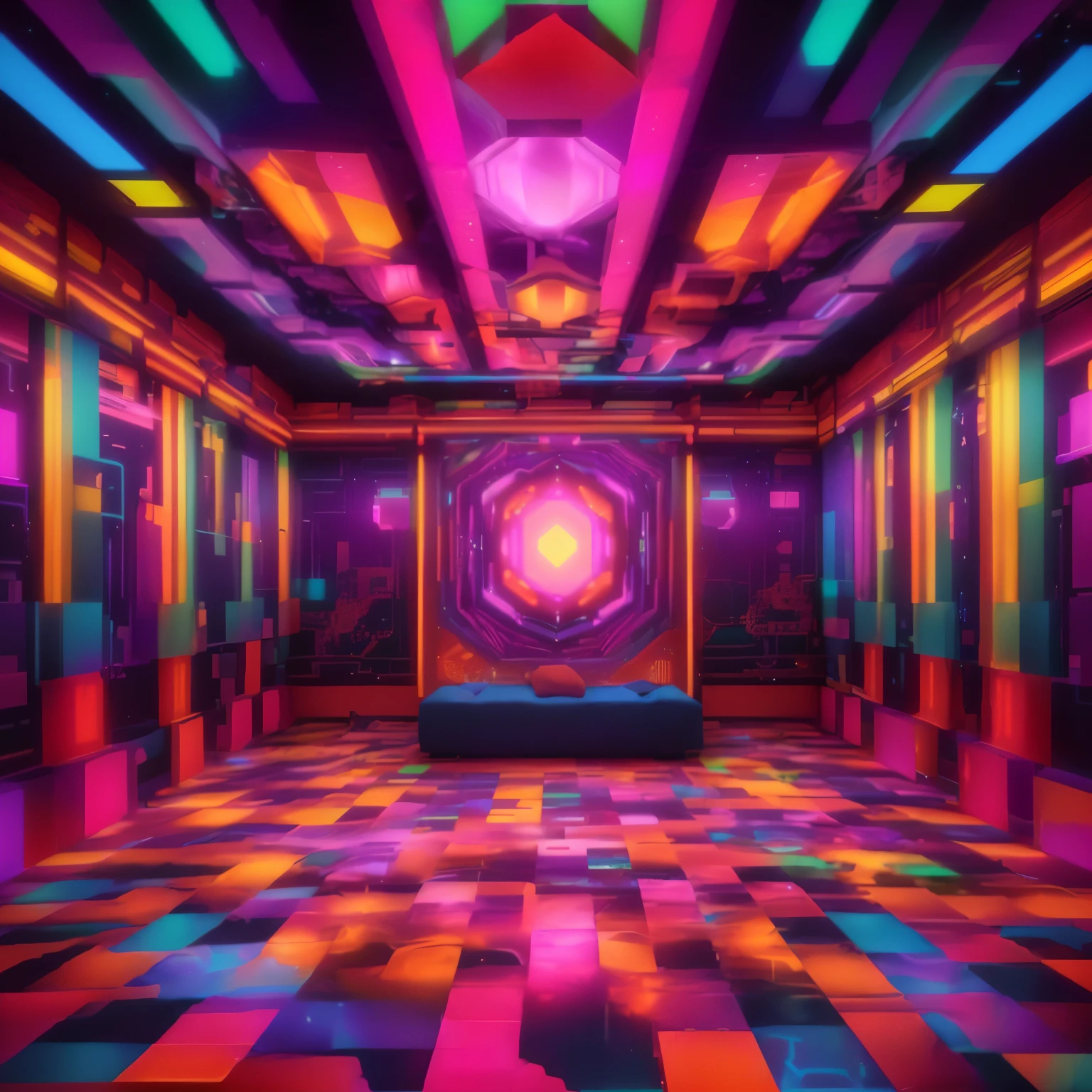 a colorful room with a checkered floor and colorful lights, style hybrid mix of beeple, lsd visuals, dreamy colorful cyberpunk colors, psychedelic lighting, colorful detailed projections, surreal psychedelic design, realism | beeple, beeple colors, psychedelic architecture, beeple |, virtual metaverse room, beeple global illumination, dmt temple