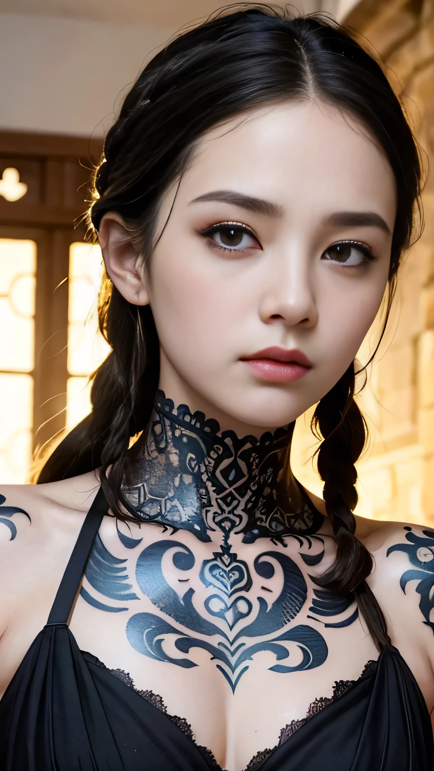 high quality、masterpiece、Delicate and beautiful face、Eye and facial details、Beautiful woman、Cosplay、Medieval European general store background、Textured skin、Super Detail、Attention to detail、Black Hair、black eye、Cornrows、Big tattoo on face、Angry face、Hitman、Cosplay、Whole body black、Tattoos on the face