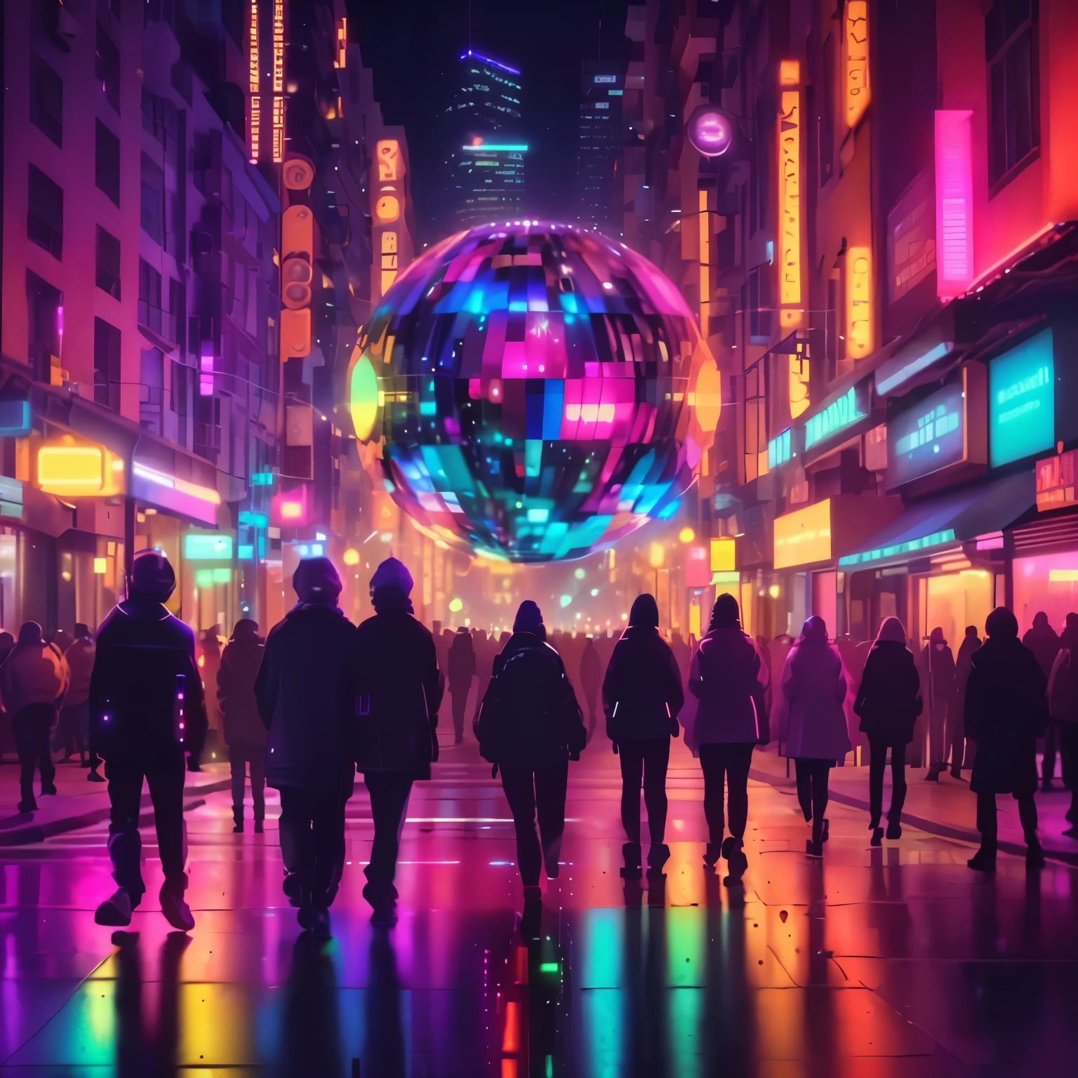 people walking down a city street at night with a disco ball in the background, beeple. hyperrealism, beeple daily art, beeple art, beeple style, style hybrid mix of beeple, in style of beeple, realism | beeple, beeple colors, recusion beeple, beeple artwork