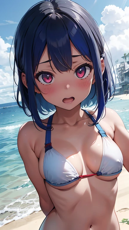 mastute piece,Best Quality,insanely detailed,8k cg,nsfw,
(shoot upper body:1.3),
(1girls:1.3),standing,looking at viewr,body in front,both arms behind back,(beach-volleyball:1.3),(bare breasts:1.2),(bare nipples:1.2),
break,
blush,shy,(ecstasy face),(trembling:1.2),break,(light blue hair:1.3),
break,
perfect breasts,perfect teats,(open mouth:0.9),(large breasts:1.2),
(beach),