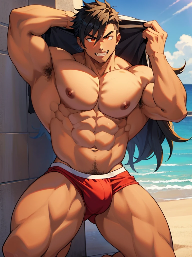  male boy bodybuilder flexing sexy in a beach, spoiled boy, arrogant attitud, indulged rich boy, anime style, rich boy, sexy thongs, arrogant smiling, 23 years old, handsome, long hair, sexy haircut, mullet haircut, big & heavy muscle, big legs, defined body, barefoot,  topless, big fangs, sexy fangs, fangs, black hair, shirtless, abs, extremely defined muscles, handomse, high quality, 4k, orange eyes, sexy look, sexy pose, bara, close up, heavy muscle, big muscles, ((best quality))), ((ultra-detailed))
