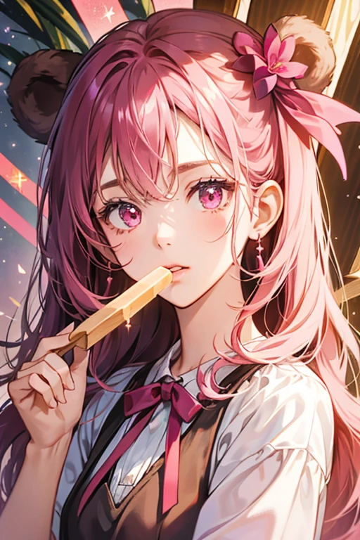 A shiny dark pink GIRL bear Num with squinting eyes and no mouth. She has a wooden popsicle stick plugged on top adorned with a smooth, shiny magenta ribbon. SPARKLE; GLITTER