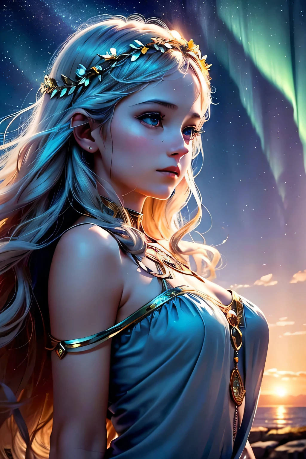 see through, from below, super long hair, wavy hair, pastel color, flying birds, shooting star, galaxy, 1girl, solo, long hair, jewelry, earrings, outdoors, sky, cloud, necklace, lips, wind, sunset, arm bracket, head chain, body chain, instricate details, ornamental, blurry background, foggy background, (rim light:1.2), (back light:1.2), ((Crepuscular Ray)), oilpainting style, --auto --s2