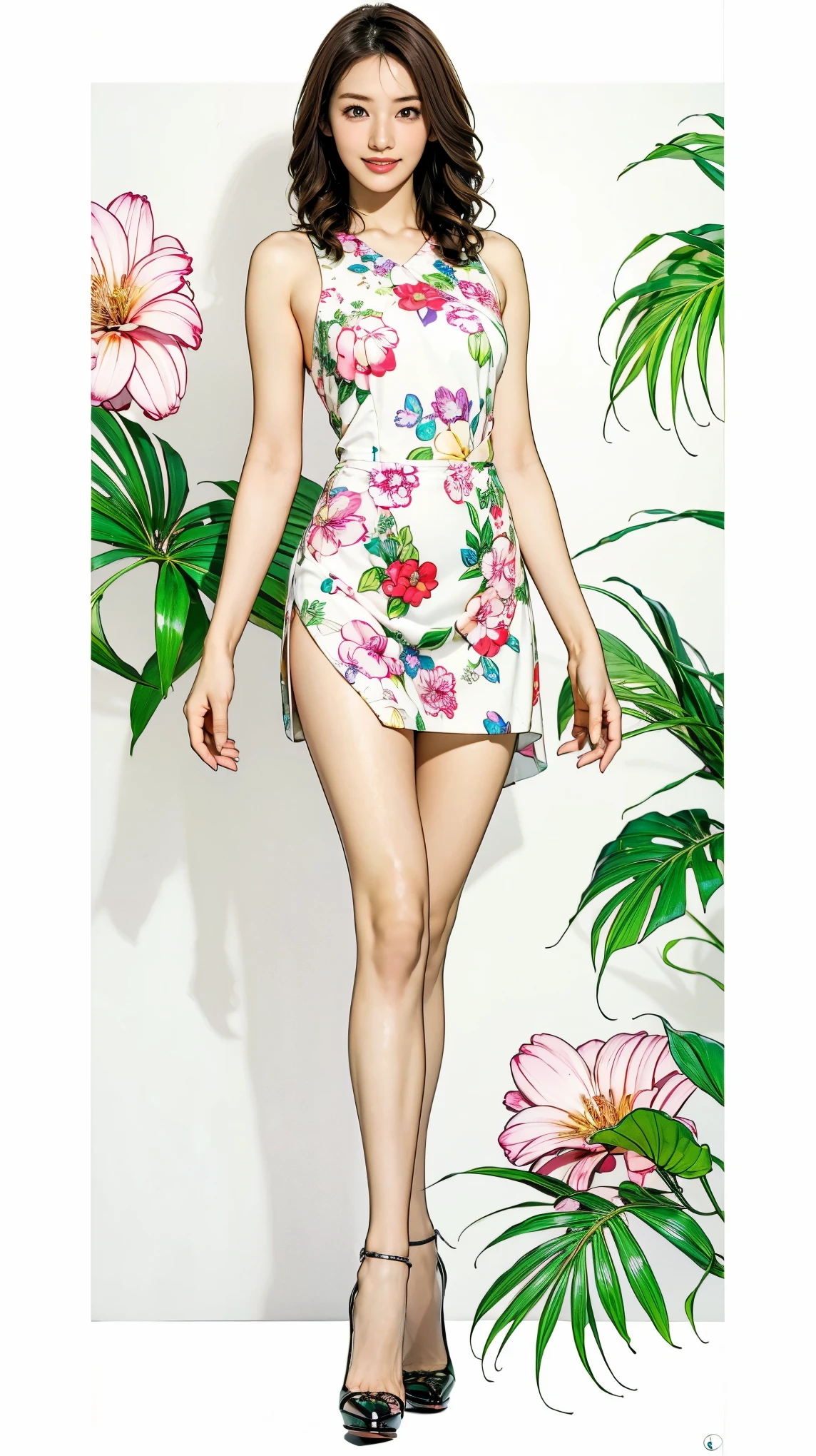 ((masterpiece)),(((Highest quality))),Character design sheet:1.5,Long legs,Slender figure:1.5,whole body:1.5,(One Girl:1.3),(Viewer Display:1.4),The best smile:1.5,(Pointy high heels:1.3),(Stand with legs apart:1.2),(Wearing a floral and plant print mini dress:1.2), Curly Hair:1.5,High waist:1.5,