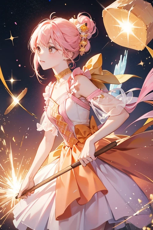 A split-colored Num, one side pink, the other pale orange. She has two wooden sticks, each held with a yellow ice bow, and a sprinkling of pink seeds. She has a basic expression. SPARKLE; GLITTER