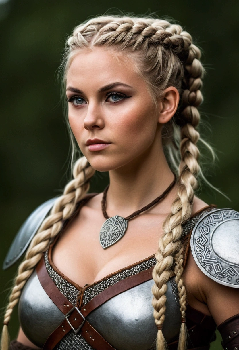 Create an image of a stunningly gorgeous beautiful realistic viking girl, stunningly gorgeous beautiful perfect sexy face, stunning makeup, hair in bun, large breast, slim waist, sexy hips, traditional viking braids, traditional viking armor,