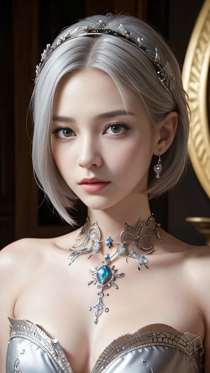 Highest quality、masterpiece、Delicate and beautiful face、Eye and facial details、Beautiful woman、Cosplay、Medieval European Background、Textured skin、Super Detail、Attention to detail、Silver Hair、black eye、Short Hair、Tattoo、Expressionless、Android、mechanical、Hide your chest