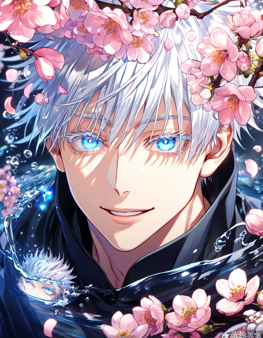 absurdres, highres, ultra detailed, HDR, master piece, Gojou Satoru, white hair with bangs, white eyelashes, expressive blue eyes, black clothes, Jujutsu Kaisen, sexy man, handsome, best quality, blossoms, pink petals, pink flowers, fantasy, blue shining fireflies, solo, water, handsome smile, sensual