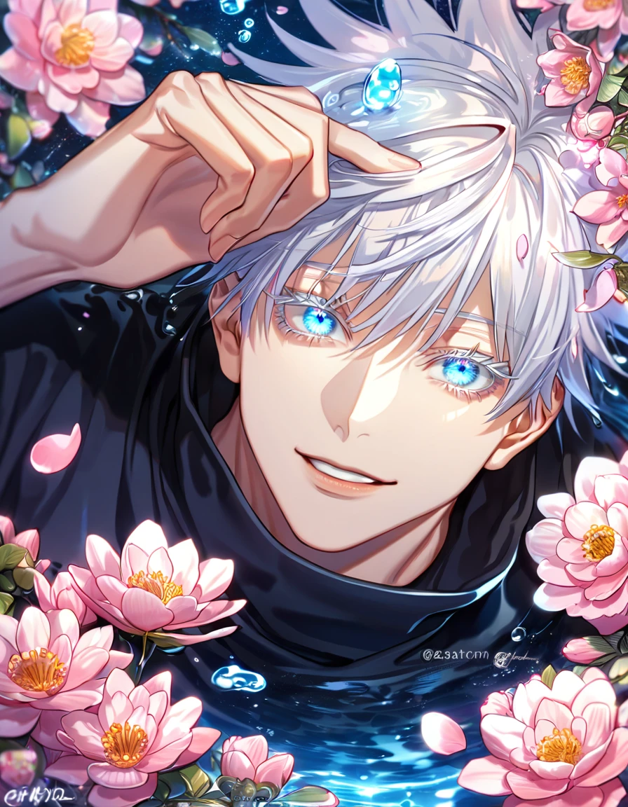 absurdres, highres, ultra detailed, HDR, master piece, Gojou Satoru, white hair with bangs, white eyelashes, expressive blue eyes, black clothes, Jujutsu Kaisen, sexy man, handsome, best quality, blossoms, pink petals, pink flowers, fantasy, blue shining fireflies, solo, water, handsome smile, sensual