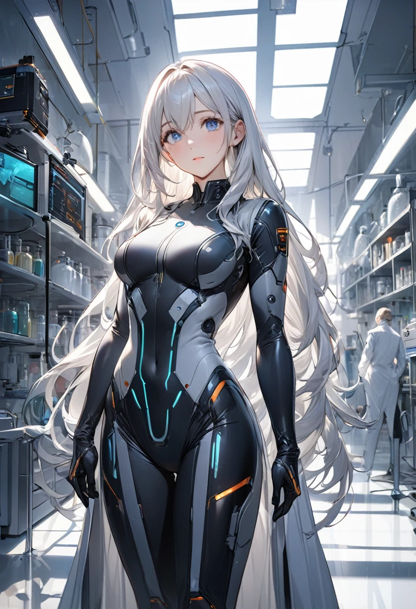 Best quality, (masterpiece:1.2), illustration, (Beautiful detailed girl), gentle face, Soft light and shadows, super excellent, 8к HD, (masterpiece:1.4), (finely detailed beautiful eyes: 1.2), in the lab, doctor, в full height, 20 years, future, in clothes, robe, white long hair, tech suit of the future, full height