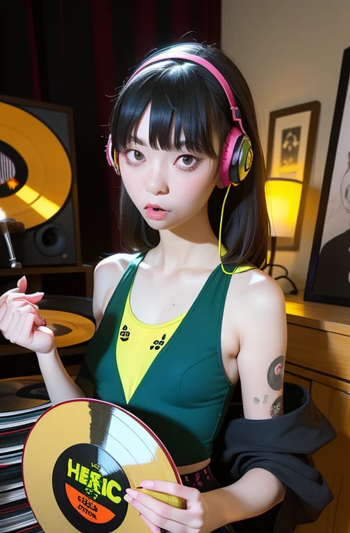 ((18-year-old punk girl)),((Green and yellow British punk fashion:1.5)),(light black hair:1.5、Messy permed hair)Studded clothing、((Holding a record:1.5))、((He has a big speaker on his back))、（Narrow and small eyes）,Wacky makeup、Breast augmentation, (masterpiece), (High resolution), (Very delicate), nightmare, Doll-like face, Manga style, Horror elements, Comic style illustration, Japanese painting, phantom, (Spooky), Japan sculpture, crazy illustration, antique, Dark atmosphere, Flat Illustration,Spookyな外観, Unique atmosphere、music、live house、Headphones
