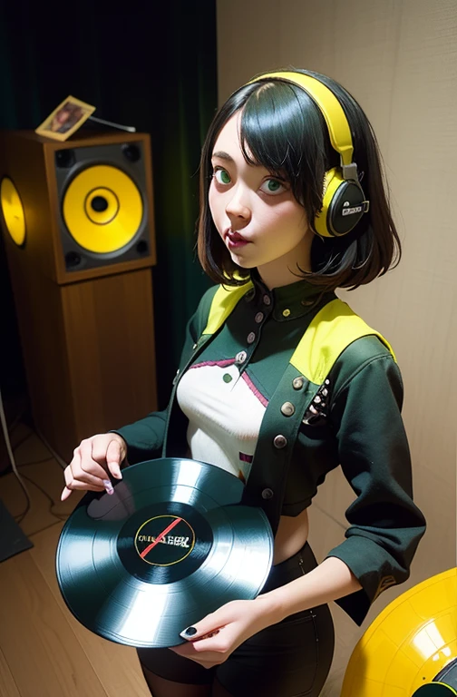 ((18-year-old punk girl)),((Green and yellow British punk fashion:1.5)),(light black hair:1.5、Messy permed hair)Studded clothing、((Holding a record:1.5))、((He has a big speaker on his back))、（Narrow and small eyes）,Wacky makeup、Breast augmentation, (masterpiece), (High resolution), (Very delicate), nightmare, Doll-like face, Manga style, Horror elements, Comic style illustration, Japanese painting, phantom, (Spooky), Japan sculpture, crazy illustration, antique, Dark atmosphere, Flat Illustration,Spookyな外観, Unique atmosphere、music、live house、Headphones
