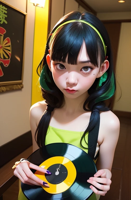 ((18-year-old punk girl)),((Green and yellow British punk fashion:1.5)),(light black hair:1.5、Messy permed hair)Studded clothing、((Holding a record:1.5))、((He has a big speaker on his back))、（Narrow and small eyes）,Wacky makeup、Breast augmentation, (masterpiece), (High resolution), (Very delicate), nightmare, Doll-like face, Manga style, Horror elements, Comic style illustration, Japanese painting, phantom, (Spooky), Japan sculpture, crazy illustration, antique, Dark atmosphere, Flat Illustration,Spookyな外観, Unique atmosphere、music、live house、Headphones
