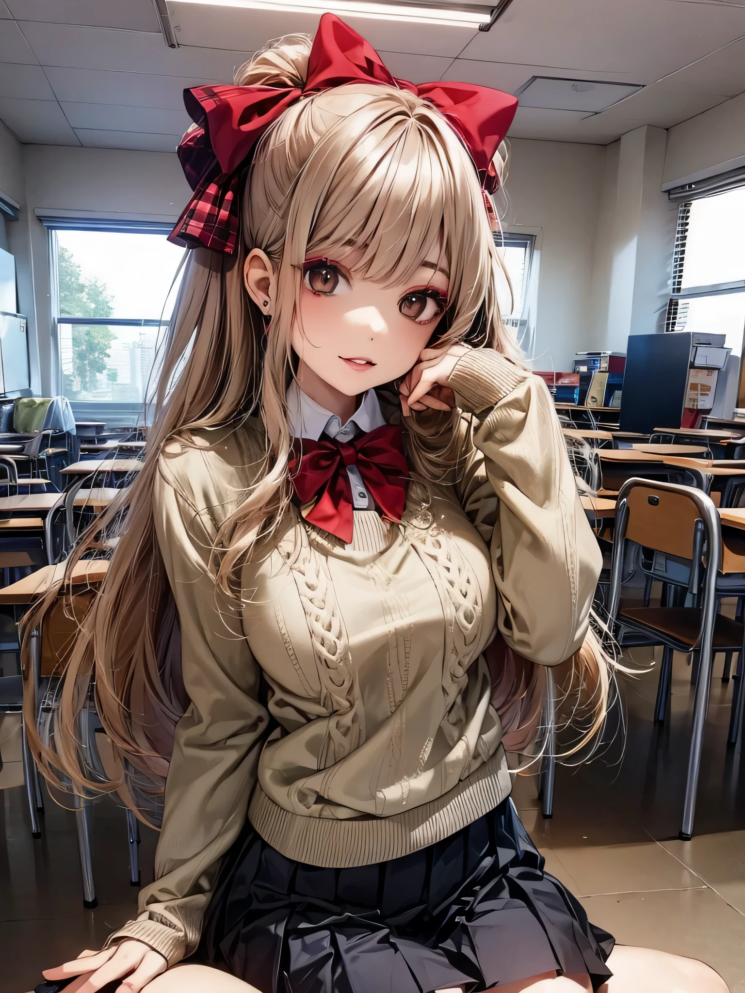 (Highest quality:1.2), (Beautiful details:1.2), (Detailed eyes and skin), (Detailed facial features), Hmph, Perfect Style, Beautiful Face, Anatomically correct, Highly detailed face and skin texture, Glowing Skin, nanashi_yuzuriha, break (One girl:1.3),(alone), (Sitting:1.3), (Girl chatting with friends in classroom:1.2), Perfect Eyes, Symmetrical eyes, (Dramatic makeup: 1.3), (Heavy makeup: 1.3), (Dark brown eyes:1.2) (Tucked-out sweater,Pulling on a sweater:1.3), (School uniforms:1.2), (Wearing a beige knitted sweater over a white shirt:1.2), (Red Bow:1.3), (Checkered Pleated Skirt:1.2), (Perfect hands:1.2), (Molle Hand:1.2), Beautiful thighs, Highly detailed thighs, break (whole body:1.5), Great classroom atmosphere, Vibrant, Highly detailed background,