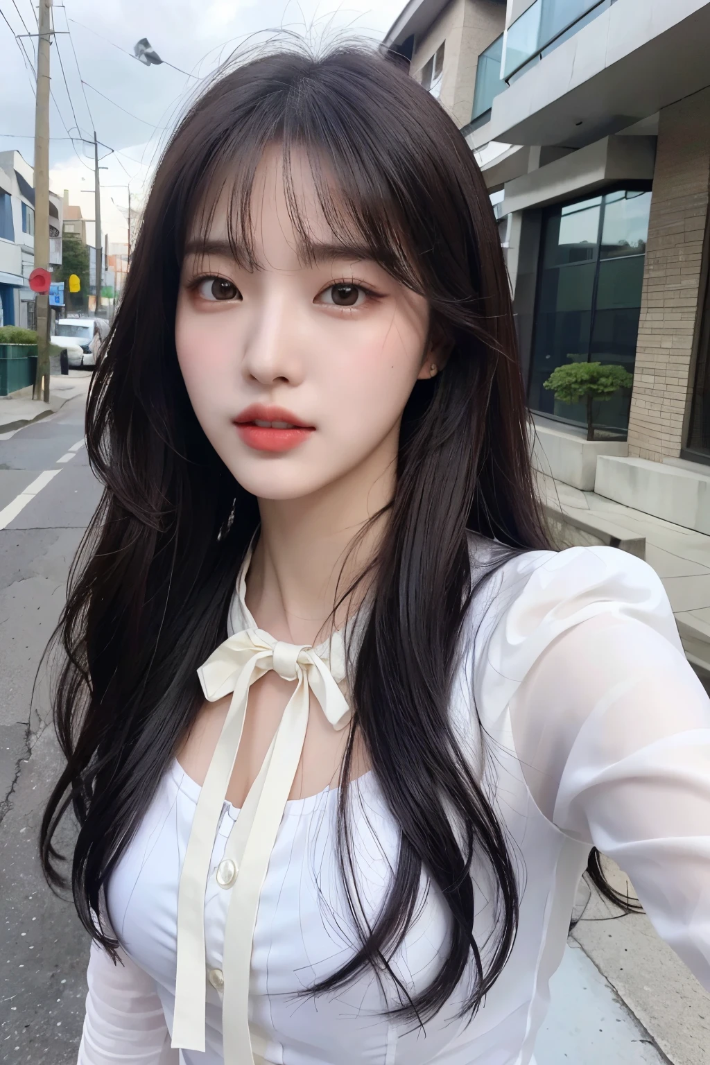 (Real, High Resolution: 1.3), 1 Girl with Perfect Body, H1-KEY HWISEO, 42 years old, ((h1-key hwiseo)), creates a photo of a young woman with long black hair standing on the street please. Residential area. In the background are houses, power lines, and a slightly cloudy sky. She has a calm and slightly curious expression and is wearing a white blouse and a black ribbon tie. Selfie angle. Close-up.