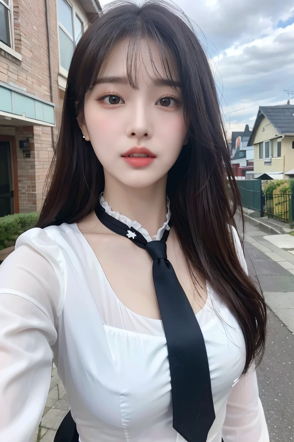 (Real, High Resolution: 1.3), 1 Girl with Perfect Body, H1-KEY HWISEO, 42 years old, ((h1-key hwiseo)), creates a photo of a young woman with long black hair standing on the street please. Residential area. In the background are houses, power lines, and a slightly cloudy sky. She has a calm and slightly curious expression and is wearing a white blouse and a black ribbon tie. Selfie angle. Close-up.