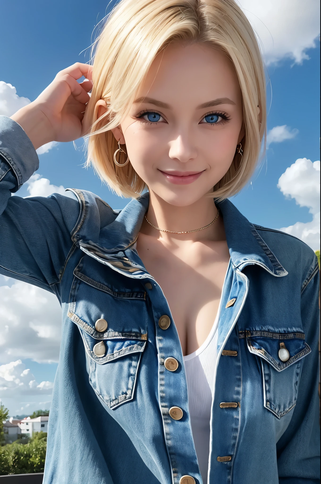 One girl, alone, Android 18, Blonde, blue eyes, short hair, jewelry, Earrings, smile, Jacket, Look to the side, denim, denim Jacket, Upper Body, lingerie, Mouth closed, cloud, null, Day, avert your eyes, blue null, 1 collarb,