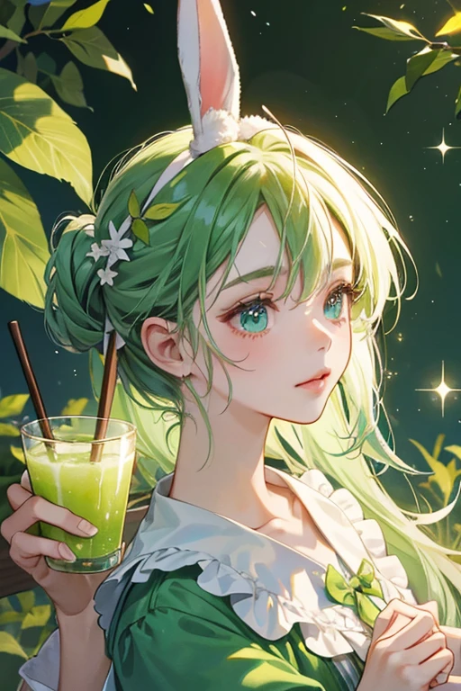 A basic face green pop with juice seeping down the right of her head and two wooden sticks to resemble bunny ears, held with a leaf bow. SPARKLE; GLITTER