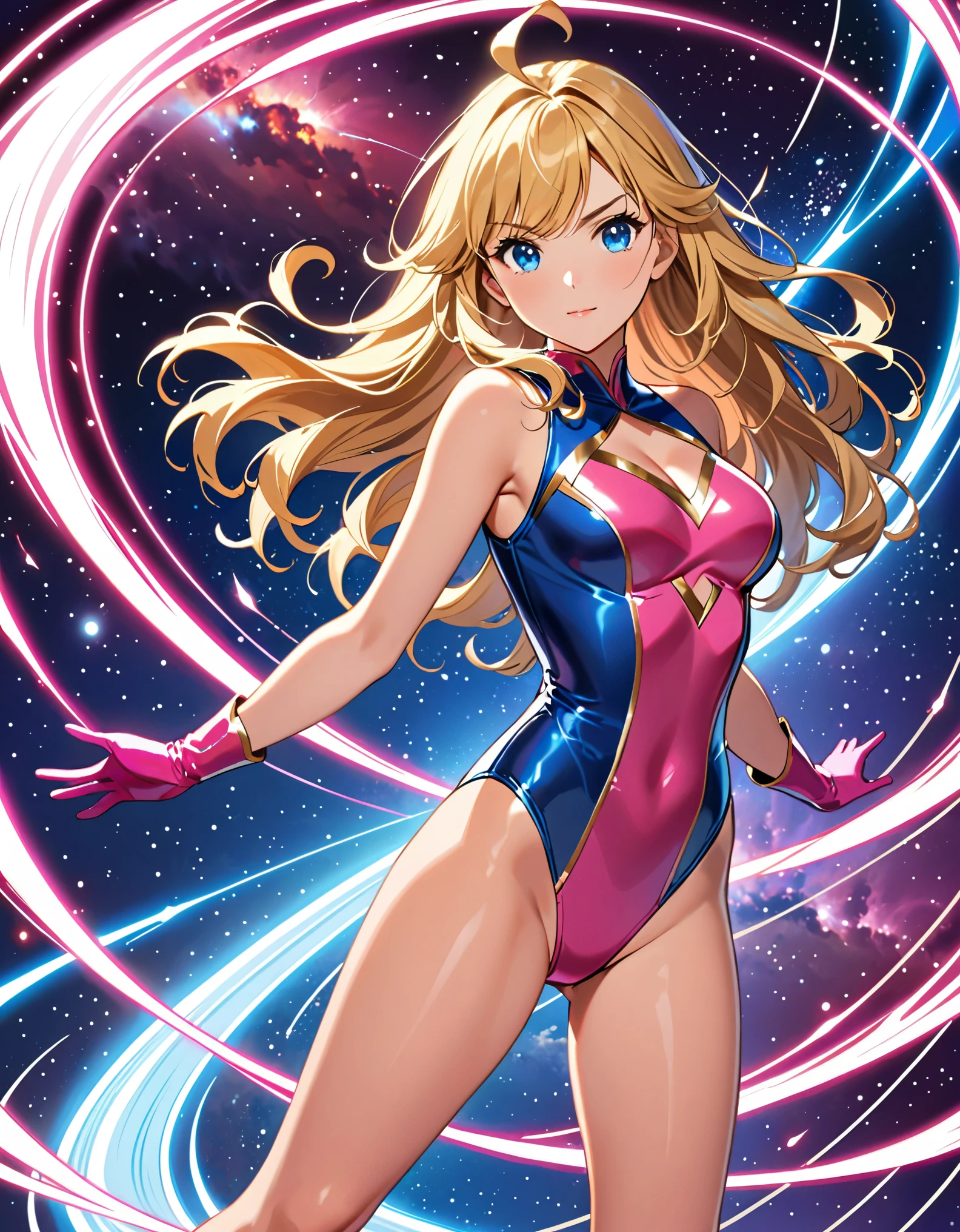 (masterpiece), (best quality), (high res), 1girl, solo, solo focus, superhero, gymnast leotard, bare legs, matching boots, sleeveless, looking at viewer, perfect hands, perfect eyes, perfect leotard, perfect legs, perfect arms, perfect fingers, medium breasts, pink leotard, (blonde hair), long hair, knee boots, blue eyes, ((heart cutout)), cute face, hair down, bangs, ahoge, sleeveless, pink gloves, pink footwear, (cleavage cutout, serious, full body with costume, cowboy shot, space backdrop. (T-pose, legs together). (spins fast in place like a tornado, whirls fast in place like a tornado, tornado whirling, spiral lines around her, spinning energy pulse around her, storm winds around her, whirls into a tornado, (she whirls) in (super speeds)). full body costume design. curved sword slash. she super-spins. time travel, time warp.