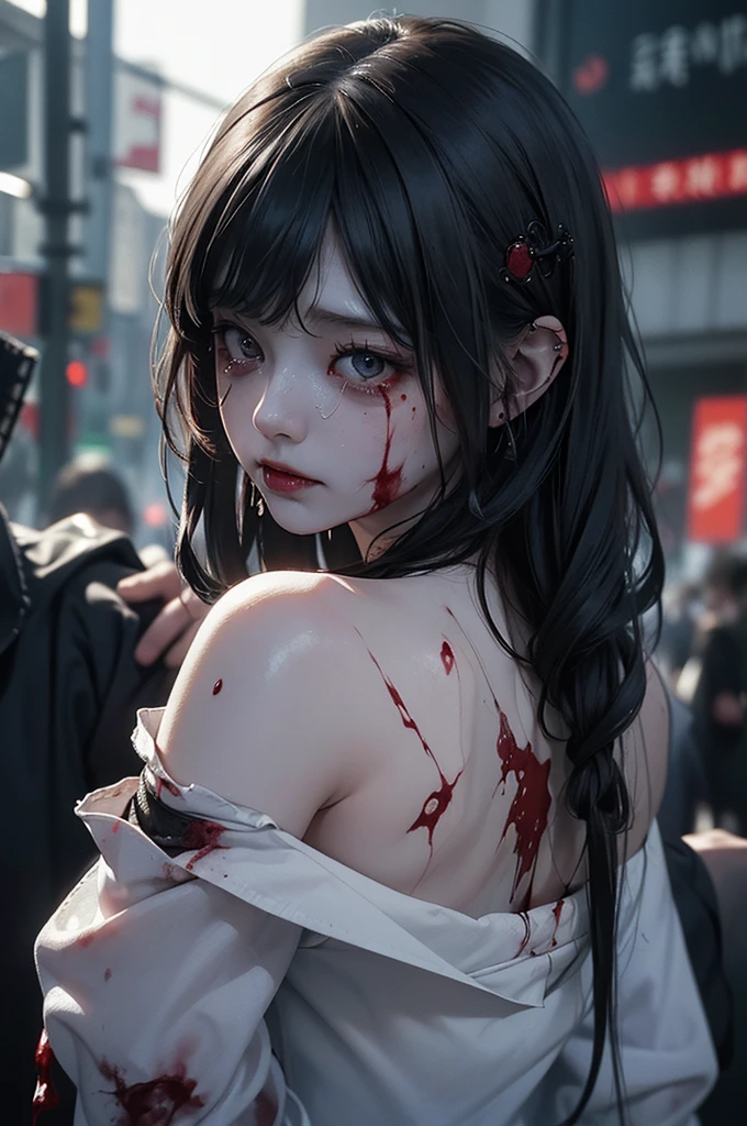 Highest quality, masterpiece, look up, cute,(Horror),(((Beautiful zombie girl))),Dead,Trying to bite,(((Bleeding,Injured))),(((Shedding tears of blood))),((口からBleeding)),((Covered in blood)),((Bitten all over the body)),((Sexy)),(sexy),((Small breasts)),,(Middle scair,((Masturbation)),(((Blowjob))),(((Sex,sexual behavior))),Beautiful Style,(Lower body exposed),((Pale skin)),Sensual look,Embarrassed,Sexy表情,Expressions of delight,(Dark atmosphere),(Dark atmosphere,fear),((Dim lighting))