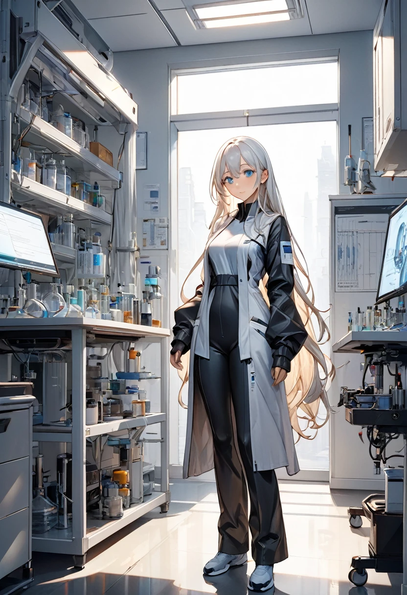 Best quality, (masterpiece:1.2), illustration, (Beautiful detailed girl), gentle face, Soft light and shadows, super excellent, 8к HD, (masterpiece:1.4), (finely detailed beautiful eyes: 1.2), in the lab, doctor, в full height, 20 years, future, in clothes, robe, white long hair, tech suit of the future, full height