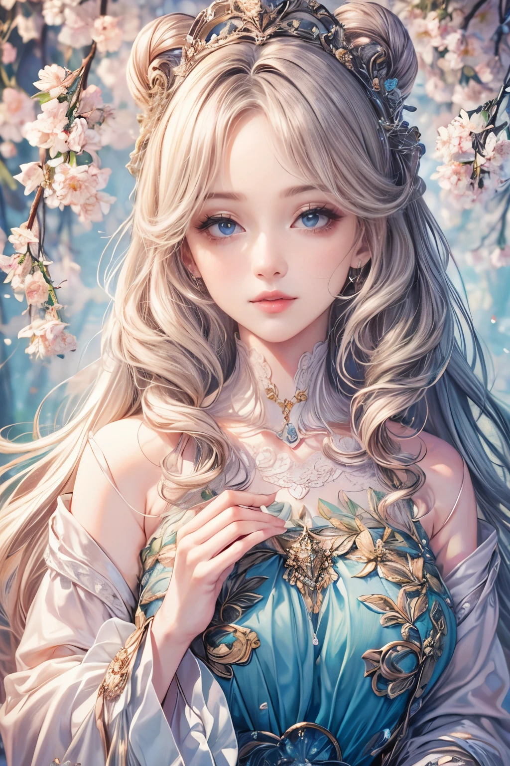 Create a realistic fantasy scene featuring a proud woman in an enchanted pastel garden. She wears a French silk ballgown adorned with ruffles and bows. Her face, highly detailed with soft lips, shines with intricate features and stunning eyes. Surround her with eternal roses in shimmering shades. Add whimsical details like stars, bubbles, and glitter for an enchanting touch. Ensure perfection in her face, hair, and eyes. Incorporate elements of high fantasy, whimsy, and detailed elegance.