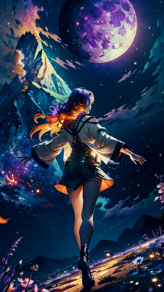 expansive landscape photograph , (a view from below that shows sky above and open field below), a girl standing on flower field looking up, (full moon:1.2), ( shooting stars:0.9), (nebula:1.3), distant mountain, tree BREAK production art, (warm light source:1.2), (Firefly:1.2), lamp, lot of purple and orange, intricate details, volumetric lighting BREAK (masterpiece:1.2), (best quality), 4k, ultra-detailed, (dynamic composition:1.4), highly detailed, colorful details,( iridescent colors:1.2), (glowing lighting, atmospheric lighting), dreamy, magical, (
