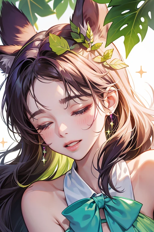 A grape freezie pop with closed eyes, happy opened mouth and two sticks as bear ears. Adorning her ears are bows made out of a green dot with matching leaves. Three sections of ice rest on her forehead, reminiscent of bangs. SPARKLE; GLITTER