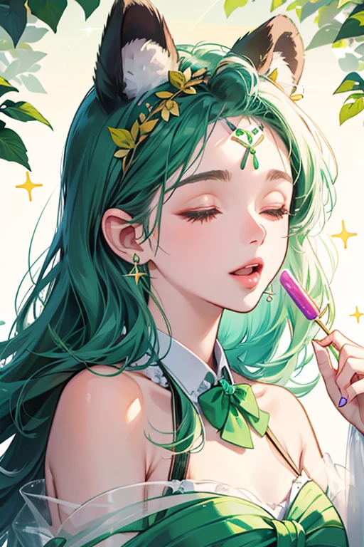 A grape freezie pop with closed eyes, happy opened mouth and two sticks as bear ears. Adorning her ears are bows made out of a green dot with matching leaves. Three sections of ice rest on her forehead, reminiscent of bangs. SPARKLE; GLITTER