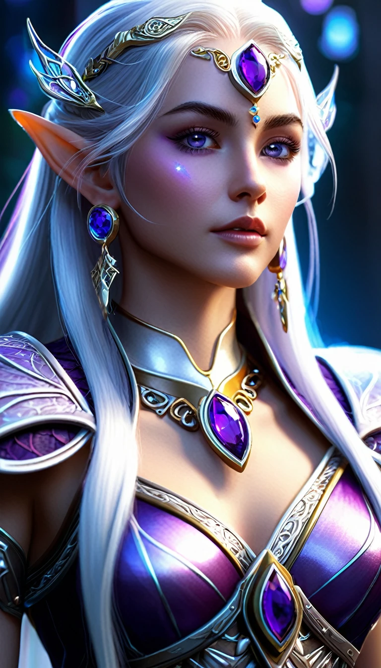Create a digital portrait of an elven woman with long, flowing white hair and piercing violet eyes. She has pronounced, pointed ears and a sophisticated facial structure with full lips. The character wears intricate, dark armor with spiky pauldrons, adorned with purple gemstones. A detailed, ornate choker with a pendant graces her neck, and she wears matching jeweled earrings. The background features glowing blue vertical elements, creating a mystical atmosphere. The overall style should blend anime and realistic elements, with a soft, slightly hazy quality to the image. Use a color palette dominated by cool tones - blues, purples, and silvery whites - with touches of gold in the armor details. The lighting should be dramatic, highlighting the character's ethereal beauty and the metallic sheen of her armor.