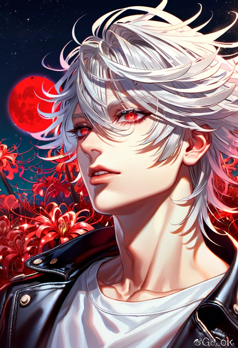 absurdres, highres, ultra detailed, HDR, master piece, best quality, extremely detailed, Aohitsugi Samatoki, chin length white hair, expressive red eyes, long eyelashes, Hypnosis Mic, black leather jacket, white T-shirt, solo, sexy man, handsome, sensual, fantasy, red blood water, sparkling, red glittering fireflies, red moon, red blossoms, red spider lilies, red sparkling lights, starry sky, magical