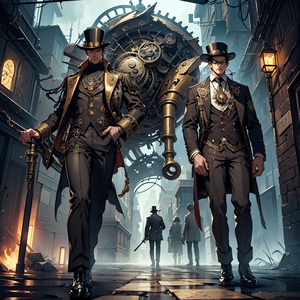 Create a dark and surreal steampunk artwork featuring a solitary man standing in the middle of a deserted street. The man should be wearing a vintage, dark suit, a top hat, and holding a cane. The scene should be moody and atmospheric with a dark color palette, rich in intricate steampunk details. Incorporate floating saxophones and antique clocks throughout the scene, making them appear as if they are suspended in mid-air. The saxophones should have a shiny, metallic appearance with steampunk gears and pipes attached to them. The clocks should have visible, ornate mechanisms and be floating at various angles. The background should be filled with dense fog or mist, with a touch of psychedelia, to create a sense of mystery and abandonment. Include mechanical gears and brass elements subtly in the environment to enhance the steampunk theme