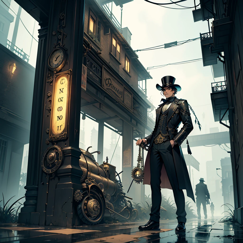 Create a dark and surreal steampunk artwork featuring a solitary man standing in the middle of a deserted street. The man should be wearing a vintage, dark suit, a top hat, and holding a cane. The scene should be moody and atmospheric with a dark color palette, rich in intricate steampunk details. Incorporate floating saxophones and antique clocks throughout the scene, making them appear as if they are suspended in mid-air. The saxophones should have a shiny, metallic appearance with steampunk gears and pipes attached to them. The clocks should have visible, ornate mechanisms and be floating at various angles. The background should be filled with dense fog or mist, with a touch of psychedelia, to create a sense of mystery and abandonment. Include mechanical gears and brass elements subtly in the environment to enhance the steampunk theme