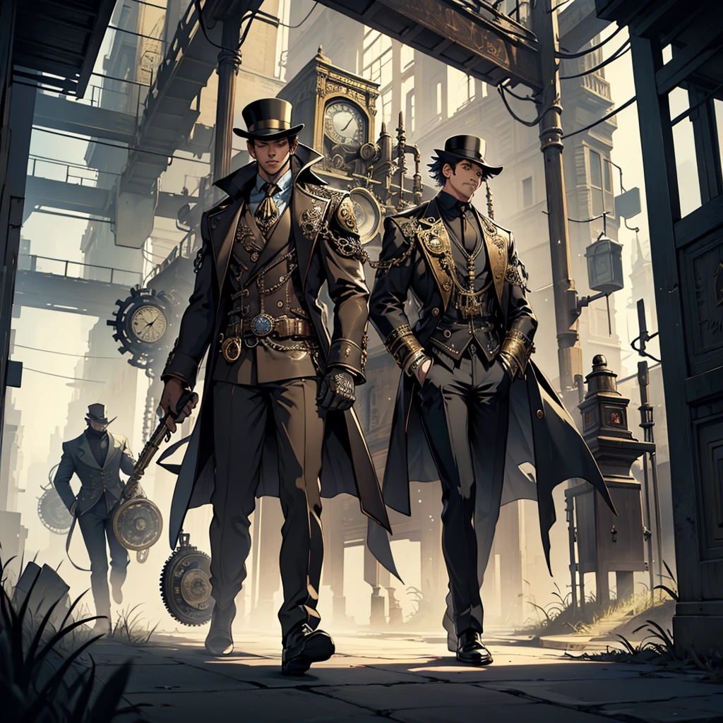 Create a dark and surreal steampunk artwork featuring a solitary man standing in the middle of a deserted street. The man should be wearing a vintage, dark suit, a top hat, and holding a cane. The scene should be moody and atmospheric with a dark color palette, rich in intricate steampunk details. Incorporate floating saxophones and antique clocks throughout the scene, making them appear as if they are suspended in mid-air. The saxophones should have a shiny, metallic appearance with steampunk gears and pipes attached to them. The clocks should have visible, ornate mechanisms and be floating at various angles. The background should be filled with dense fog or mist, with a touch of psychedelia, to create a sense of mystery and abandonment. Include mechanical gears and brass elements subtly in the environment to enhance the steampunk theme