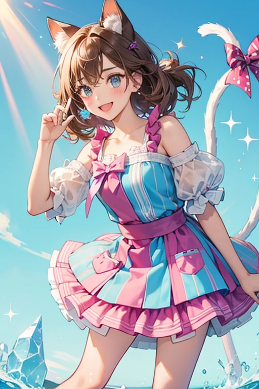A winking GIRL cat freezie pop with a brown stick accent, adorned with a fuchsia ice bow. Her colors are in three stripes: one ice blue, one sky blue, and one dark blue. SPARKLE; GLITTER