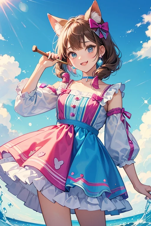 A winking GIRL cat freezie pop with a brown stick accent, adorned with a fuchsia ice bow. Her colors are in three stripes: one ice blue, one sky blue, and one dark blue. SPARKLE; GLITTER