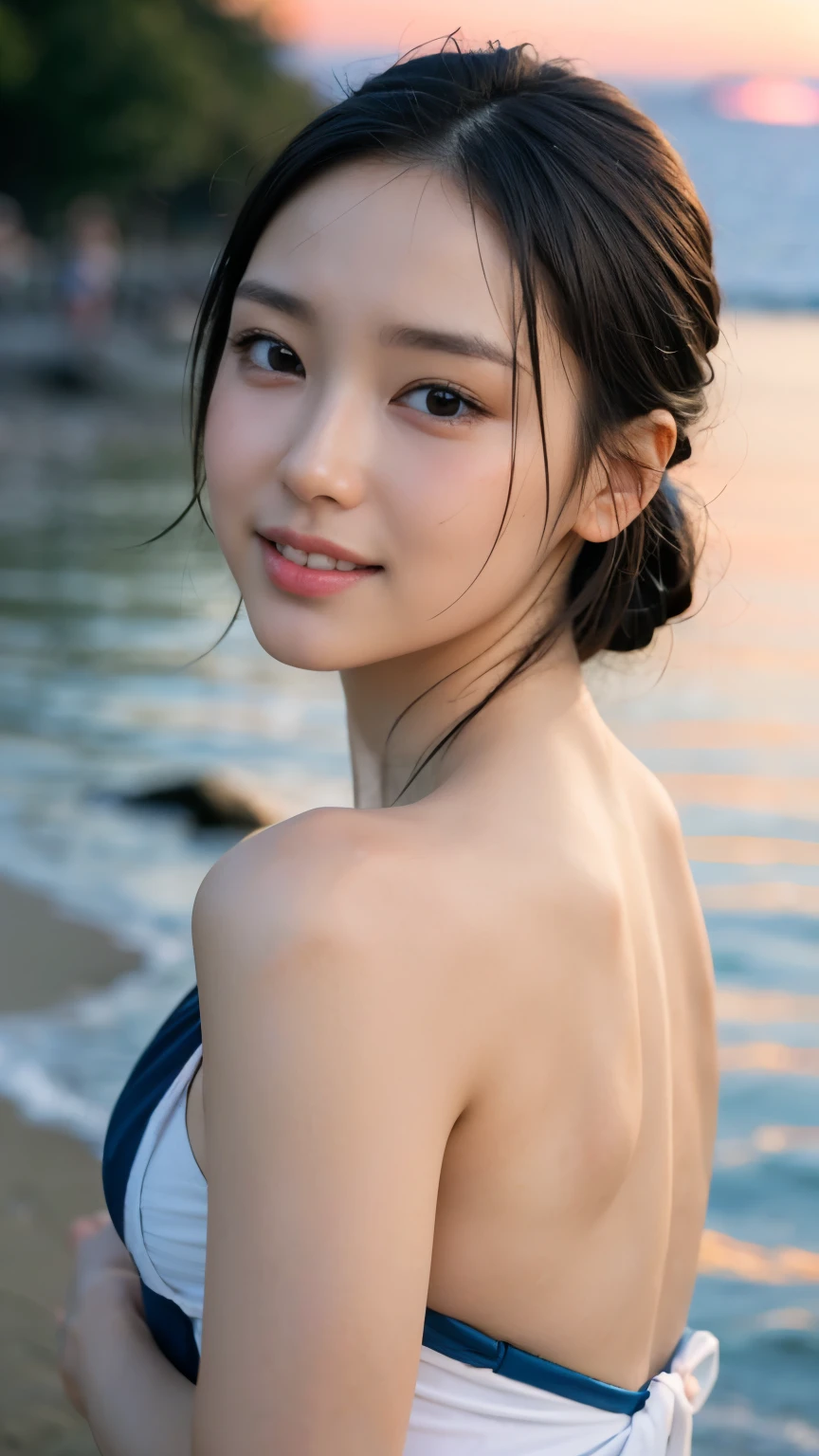  Adorable, Seaside,  Japanese Girls, (Portraiture, close:1.2),Exposed forehead,Medium Hair ,( cheek,Glossy Lips:1),  One piece swimsuit,  View your audience,  ,Sweaty, (Baby Face),   (Embarrassing, smile:0.7), (Pale skin:1), (Put your hands behind your back), sunset,  catch_Light, 