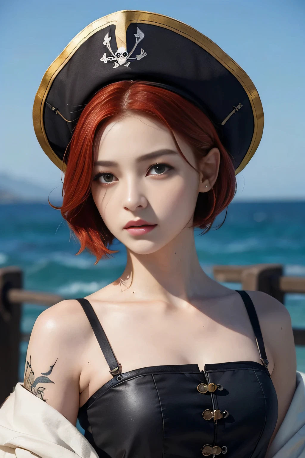 Highest quality、masterpiece、Delicate and beautiful face、Eye and facial details、Beautiful woman、Medieval European sea background、Textured skin、Super Detail、Attention to detail、Red Hair、black eye、Short Hair、Tattoo、Angry face、pirate eye patch、pirate、Pirate Hat、Cosplay、Long sleeve clothes