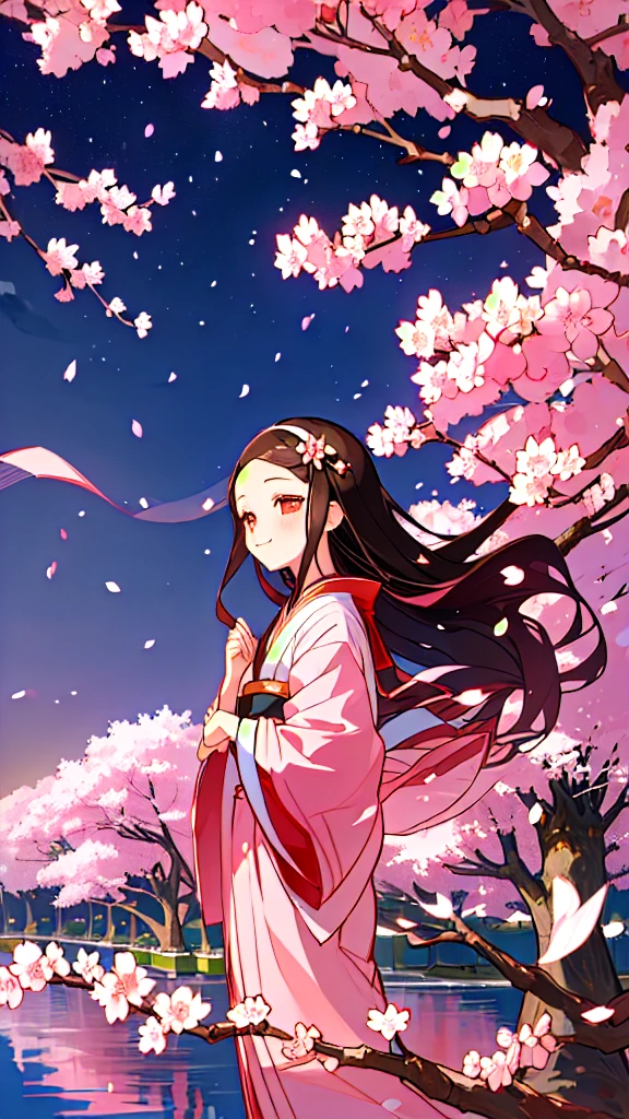 Beautiful cherry blossoms in full bloom at night、Nezuko in traditional Japanese clothing standing under a cherry blossom tree。A full moon shines in the background、Soft cherry blossom petals fluttering in the wind。Nezuko smiled quietly.、Looking at the scenery with a calm expression。