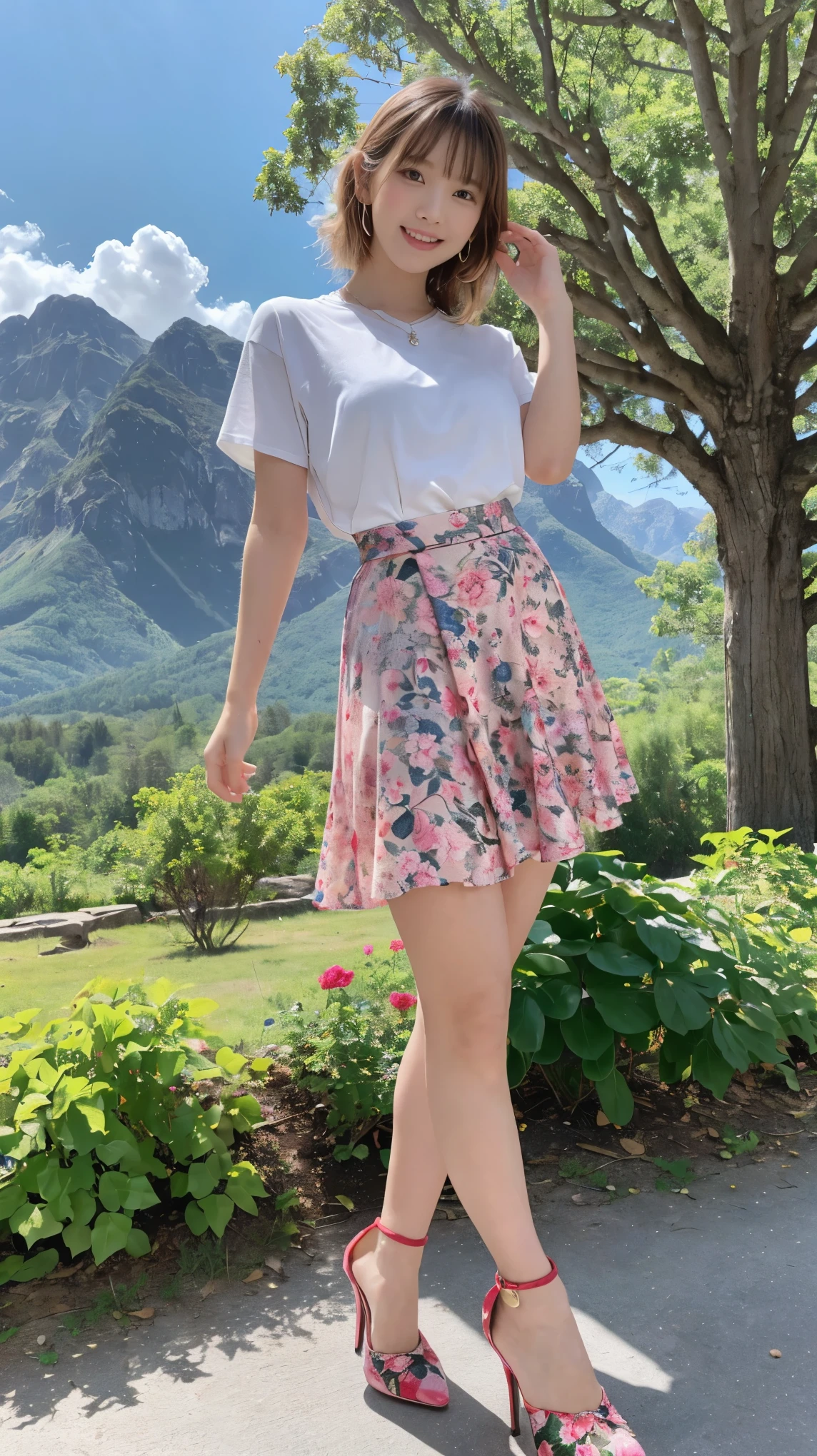 ((masterpiece)),(((Highest quality))),A low-angle shot that highlights her beautiful thighs and crotch:1.5,Long legs,The best smile:1.5,Slim figure:1.5,whole body:1.5,(One Girl:1.3),(Viewer Display:1.4),(Pointy high heels:1.3),(Stand with legs apart on the top of a mountain:1.2),(Wear a long skirt dress with floral or plant patterns:1.2),Blonde curly hair:1.5,walking:1.5,