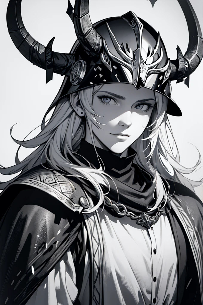 a medieval helmet with black and white tones with horns