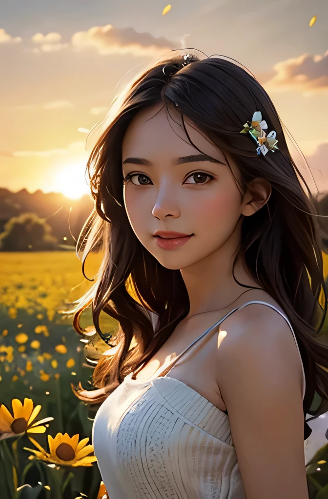 Create an image of a young woman in a field of wildflowers, with the sun shining softly in the background, lighting up your face. The woman must have wavy brown hair, brown dark eyes, a welcoming smile and tanned skin. The atmosphere of the image should convey a feeling of joy and well-being, with a welcoming and happy environment. Use 8k resolution, with surreal fantasy rendering style. Lighting should be soft and magical, with sunlight, and ultra-fine details should be visible in the flowers and skin texture. The art style should be inspired by surreal fantasy art, with ethereal and magical elements. The image should tell the story of a radiant and happy young woman, that brings happiness to others around you, symbolized by the field of flowers in full bloom and the soft, magical light of the sun.