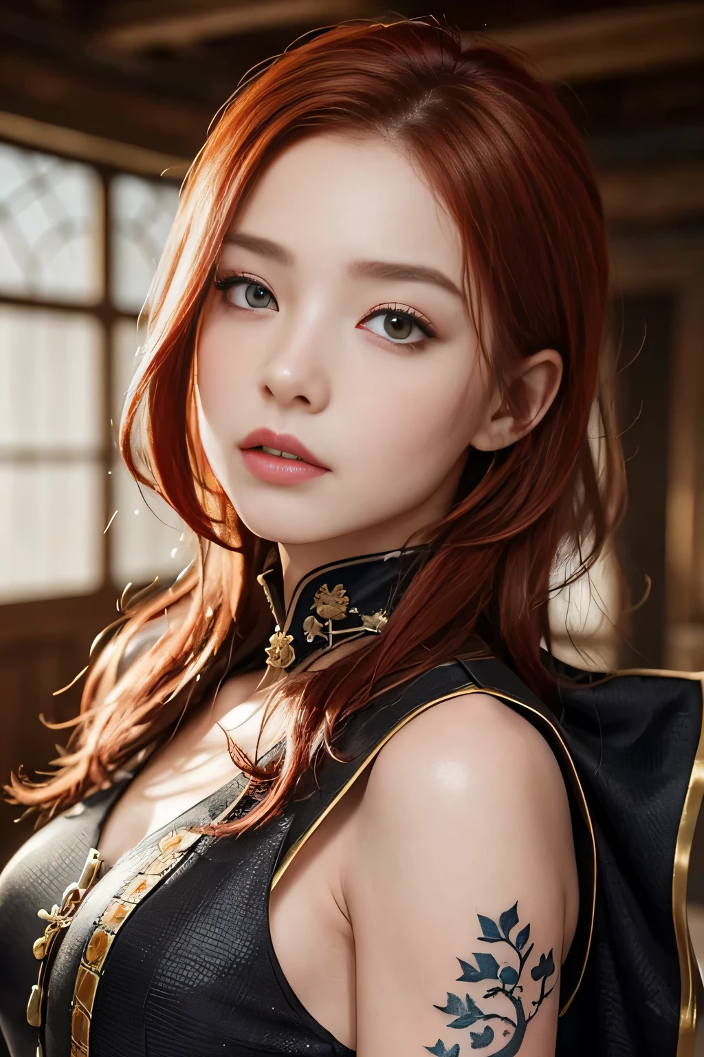 Highest quality、masterpiece、Delicate and beautiful face、Eye and facial details、Beautiful woman、Medieval European sea background、Textured skin、Super Detail、Attention to detail、Red Hair、black eye、Short Hair、Tattoo、Angry face、pirate eye patch、pirate、Pirate Hat、Cosplay、Winter clothes