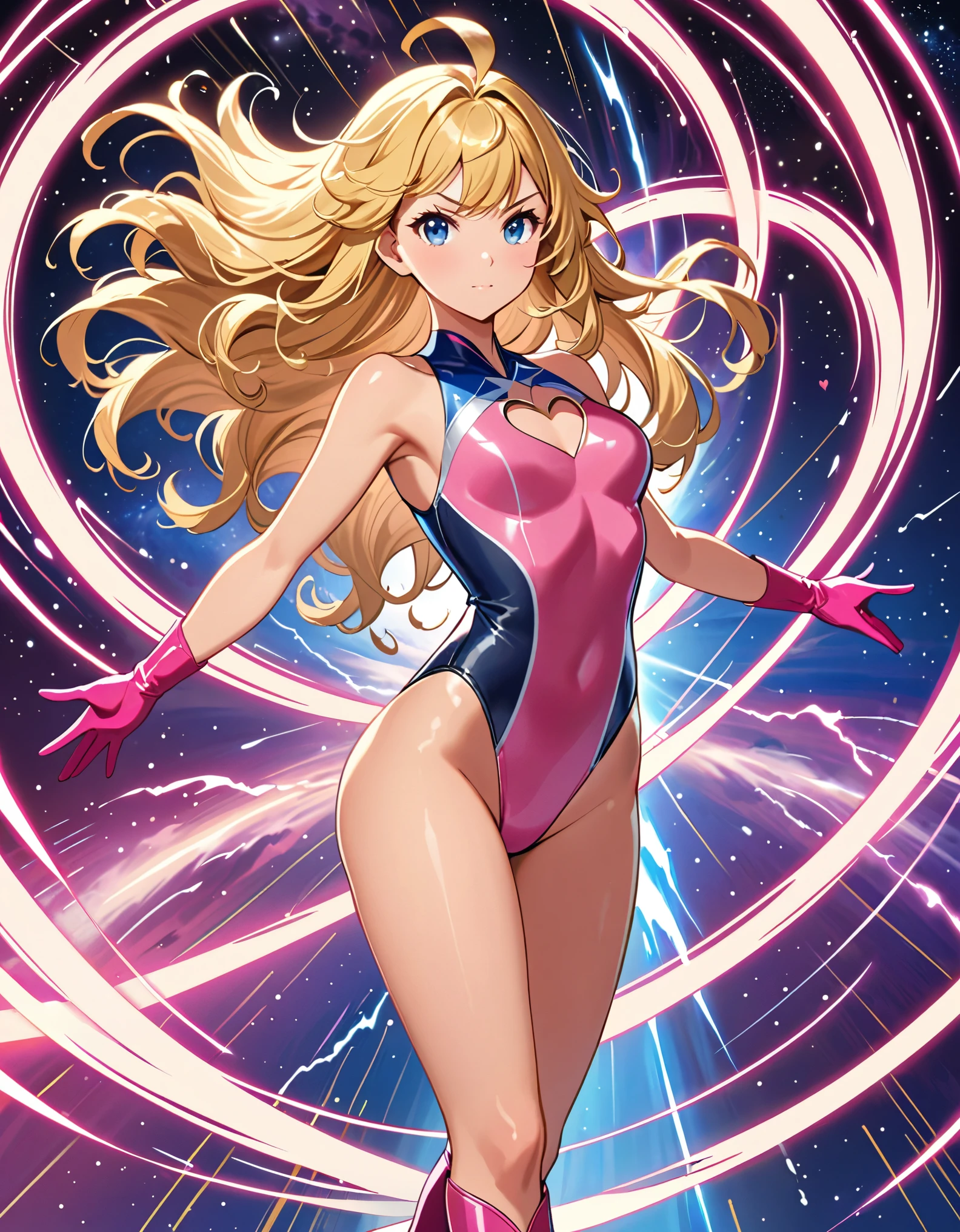 (masterpiece), (best quality), (high res), 1girl, solo, solo focus, superhero, gymnast leotard, competition swimsuit, bare legs, matching boots, sleeveless, looking at viewer, perfect hands, perfect eyes, perfect leotard, perfect legs, perfect arms, perfect fingers, medium breasts, pink leotard, (blonde hair), long hair, knee boots, blue eyes, heart cutout, cute face, hair down, bangs, ahoge, sleeveless, pink gloves, pink footwear, cleavage cutout, serious, full body with costume, cowboy shot, space backdrop. (T-pose, legs together). (spins fast in place like a tornado, whirls fast in place like a tornado, tornado whirling, spiral lines around her, spinning energy pulse around her, storm winds around her, whirls into a tornado, (she whirls) in (super speeds)). full body costume design. curved sword slash. she super-spins. time travel, time warp.