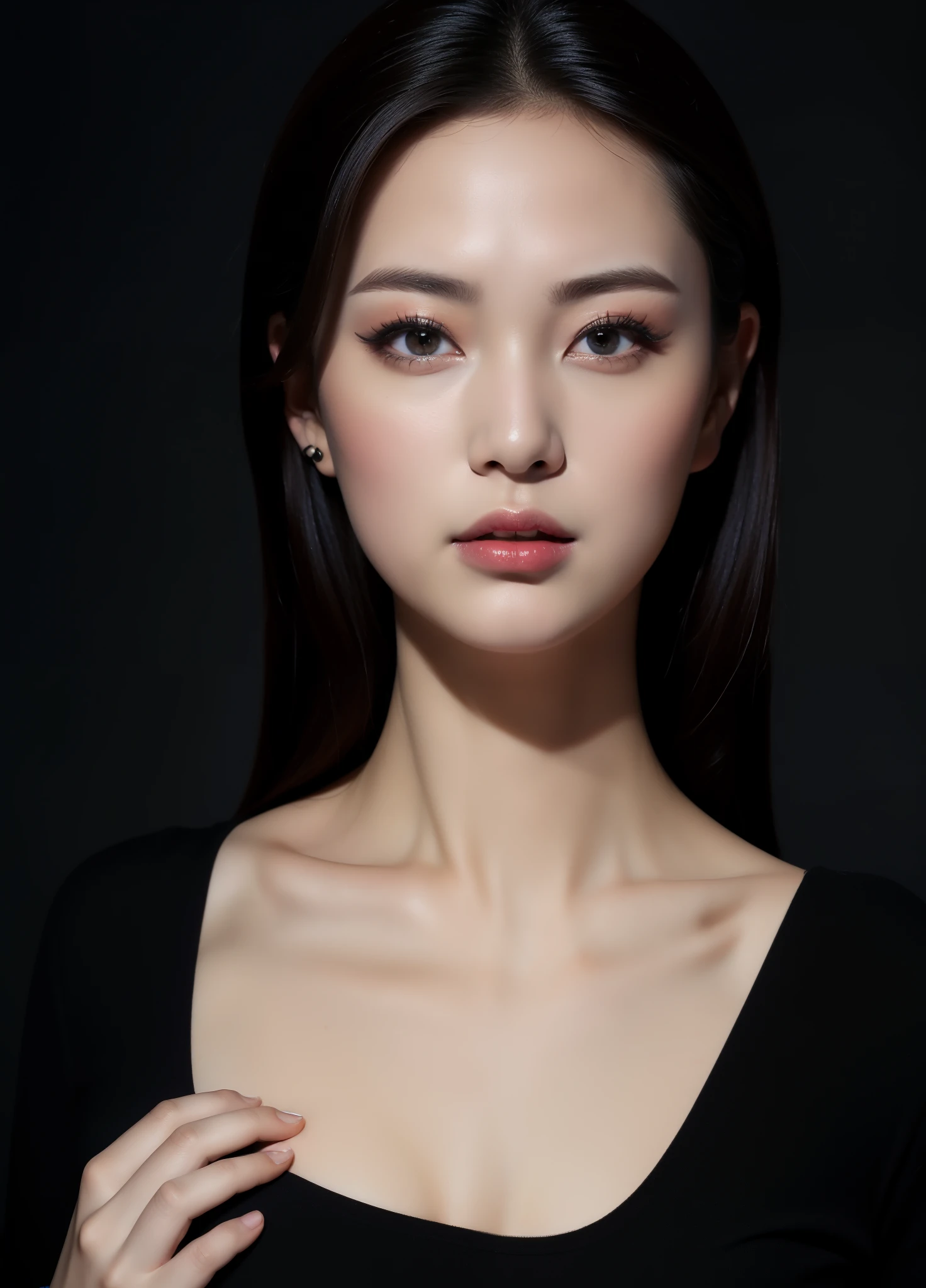 masterpiece,best quality, (one lady), ((portrait:1.5)), makeup, elegant black shirt, lewd, erotic, touch own chest, ((seduction expression)), ,background black