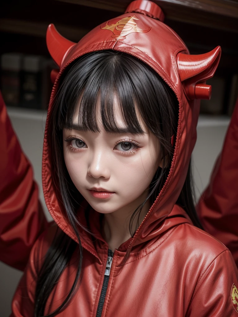 A Chinese girl in a red technological outfit with a dragon-shaped hood, scale print, beautiful girl with long black hair with straight bangs covering her entire forehead, slanted eyes with typical Chinese makeup, for the