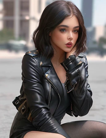 Girl in a leather jacket kisses